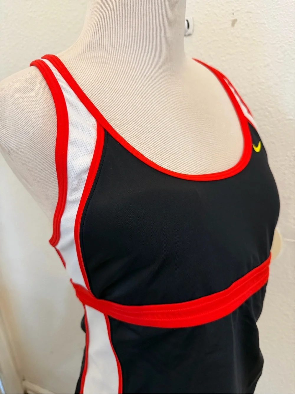 Nike Black Red White Tankini Swim Top with Yellow Swoosh New